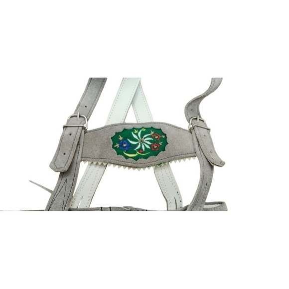 80s Leather Lederhosen Brown/Grey with Green and Red Leather Piping Details - Picture 5 of 9